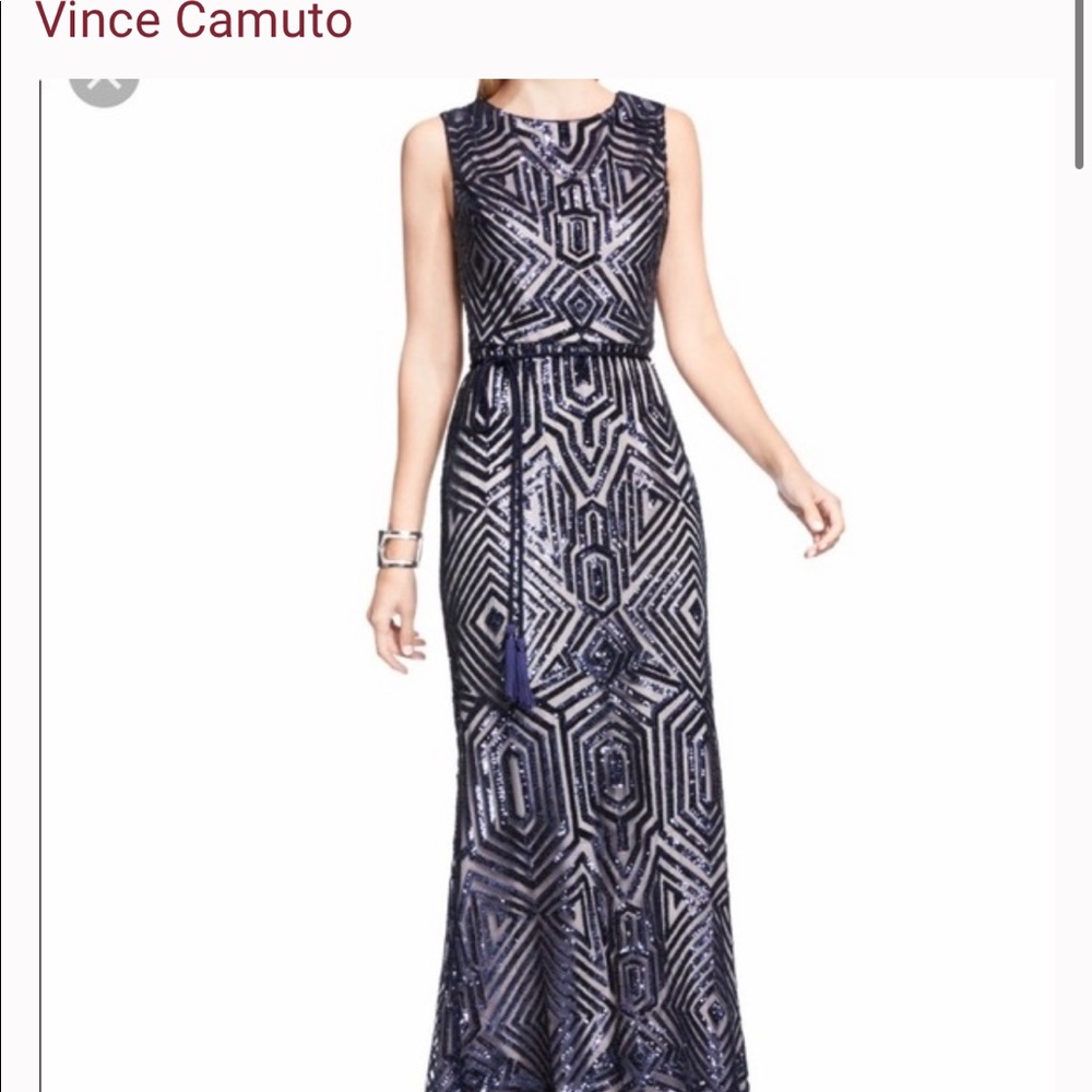 NEW VINCE CAMUTO All Over Geometric Sequin Gown w/ Fringe Sash GOWN Navy  Blue